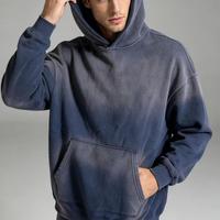 Sweat à capuche vintage uni délavé à l'acide, style hip-hop, avec impression vieillie, vierge, pour la vente en gros (modèle européen)
