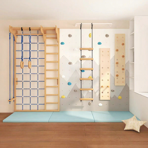 Set de Juego Chiquitos con Pared de Escalada Interior y Escalera de Madera para Gimnasio en Casa de Niños, Parque Infantil Multifuncional con Red de Cuerda y Clavija - Product Image 1