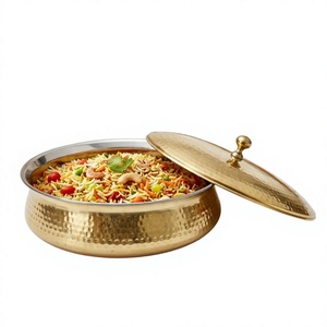 Round Handmade Brass <b>Biryani</b> Handi With Lid Hammered Gold Finish Stainless Steel Lined Cookware <b>Pot</b> For Stovetop Cooking - Product Image 1
