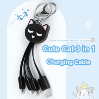 Câble de charge 3 en 1 amusant et mignon avec un chat noir, câble de charge multi-téléphones USB 3 en 1 avec un animal de dessin animé