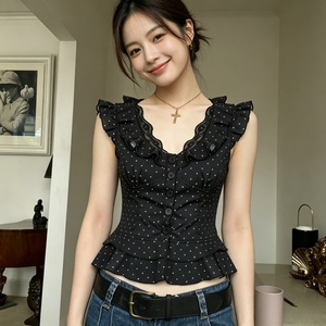 Blusa Casual de Manga Corta para Mujer, Tejida, Ecológica, Transpirable, con Estampado de Lunares, Bloques de Color, Encaje, Parches y Botones, Top de Verano - Product Image 5