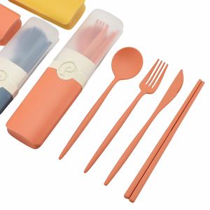 Ensemble de couverts de voyage portables en paille de blé, 4 pièces (couteau, fourchette, cuillère, baguettes) avec boîte, pour le camping - Product Image 2