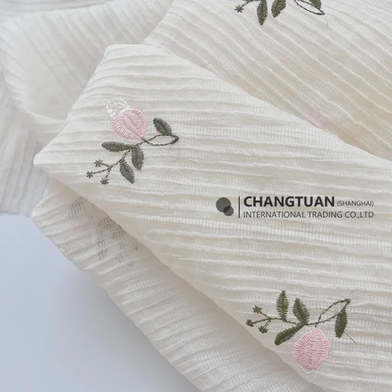 Polyester Flower Embroidery Fabric Material For Dress Clothing Embroidered Plisse Pleated Chiffon Fabric