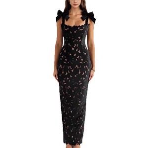 Elegant <b>Red</b> Lace Bodycon Long <b>Dress</b> With Bow Shoulders U-Neck Cut-Out Design For <b>Wedding</b> Events - Product Image 5