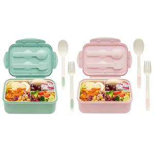 Recipiente de plástico para almoço, durável, personalizado, cor e logotipo, 3 compartimentos com talheres, conjunto kawaii, caixa de ento para crianças