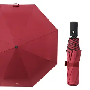 Business-related Big Black Windproof Compact Travel Automatic Umbrella 3 Fold with Gift Box and Leather Bag Packing