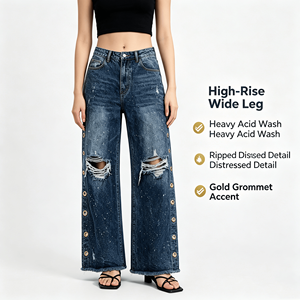 Jean déchiré taille haute à jambe large pour <span class=keywords><strong>femme</strong></span> avec œillets dorés et délavage acide intense - Product Image 3