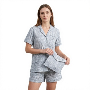 Conjunto de Pijama de Algodón con Estampado Floral para Mujer, Manga Corta, Cuello Camisero, Cierre de Botones, Ropa de Dormir de Verano, Estilo Casual - Product Image 1