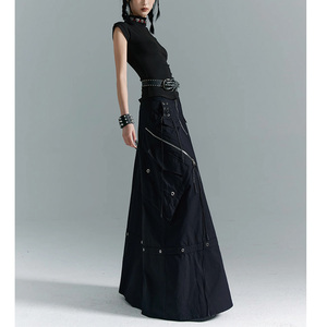 Customized High Quality Women <strong>Black</strong> Floor Length Zipper Details Multiple <strong>Pockets</strong> Cotton Women Cargo Maxi <strong>Skirt</strong> - Product Image 3