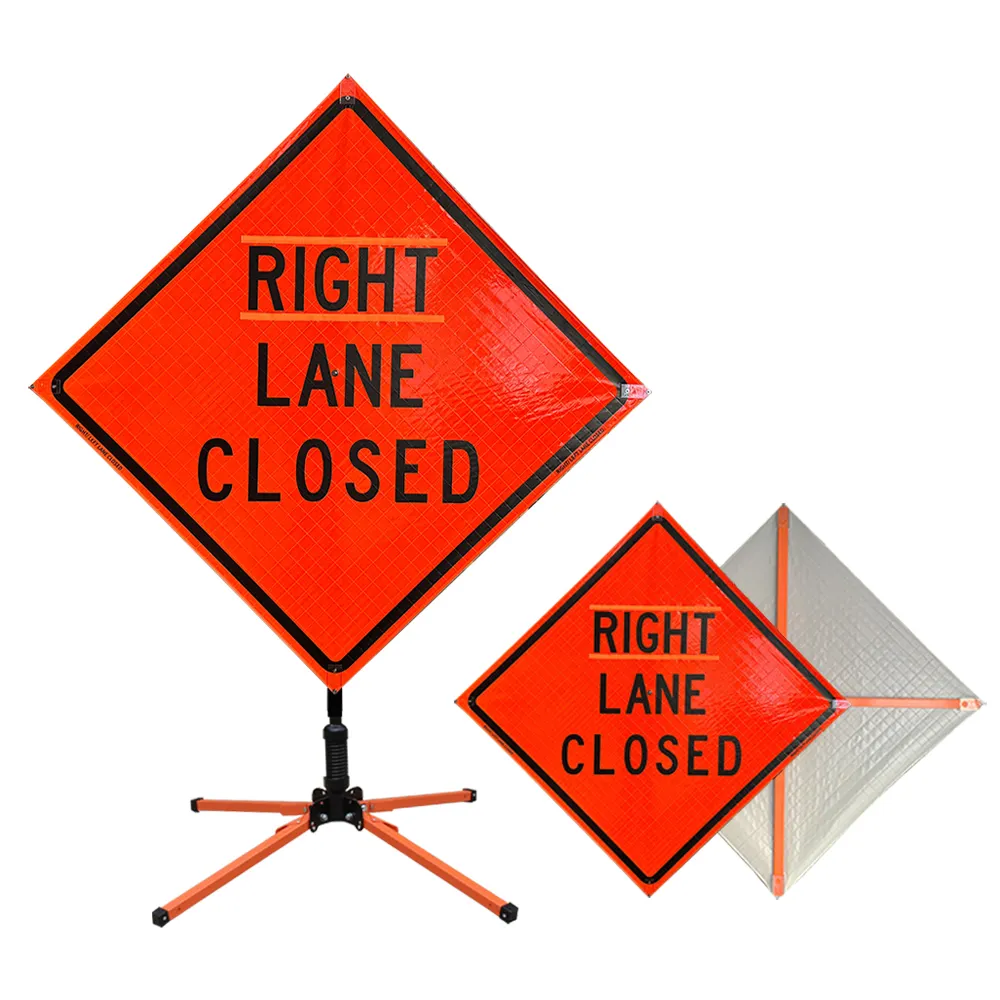 Right Lane Closed Roadway Road Safety Construction Super Bright Vinyl Heavy Duty Roll Up Reflective Portable Traffic Sign Stands