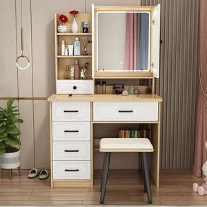 Modern Minimalist Nordic Lighted Panel Dressing <b>Table</b> Hidden Mirror Integrated Storage Compact Cosmetic Vanity for <b>Small</b> Bedroom - Product Image 2