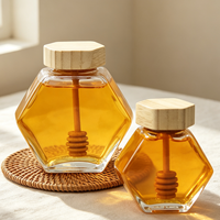 Pot à miel hexagonal en verre couleur personnalisée avec cuillère à miel en bois intégrée, pot à miel de qualité alimentaire avec couvercle en bambou, emballage pour miel