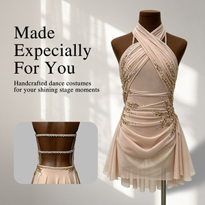 Robe de danse lyrique froncée sur mesure, costume de patinage professionnel orné de strass, tenue de danse moderne ornée de cristaux dorés - Product Image 1