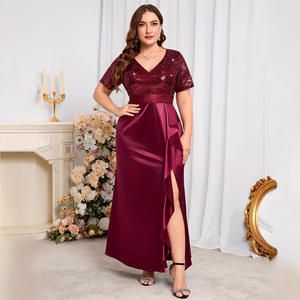 Vestido europeo y americano con cuello en V, de manga larga, elegante y con estilo, para mujeres de talla grande, para chicas con curvas, vestido de dama de honor. - Product Image 1