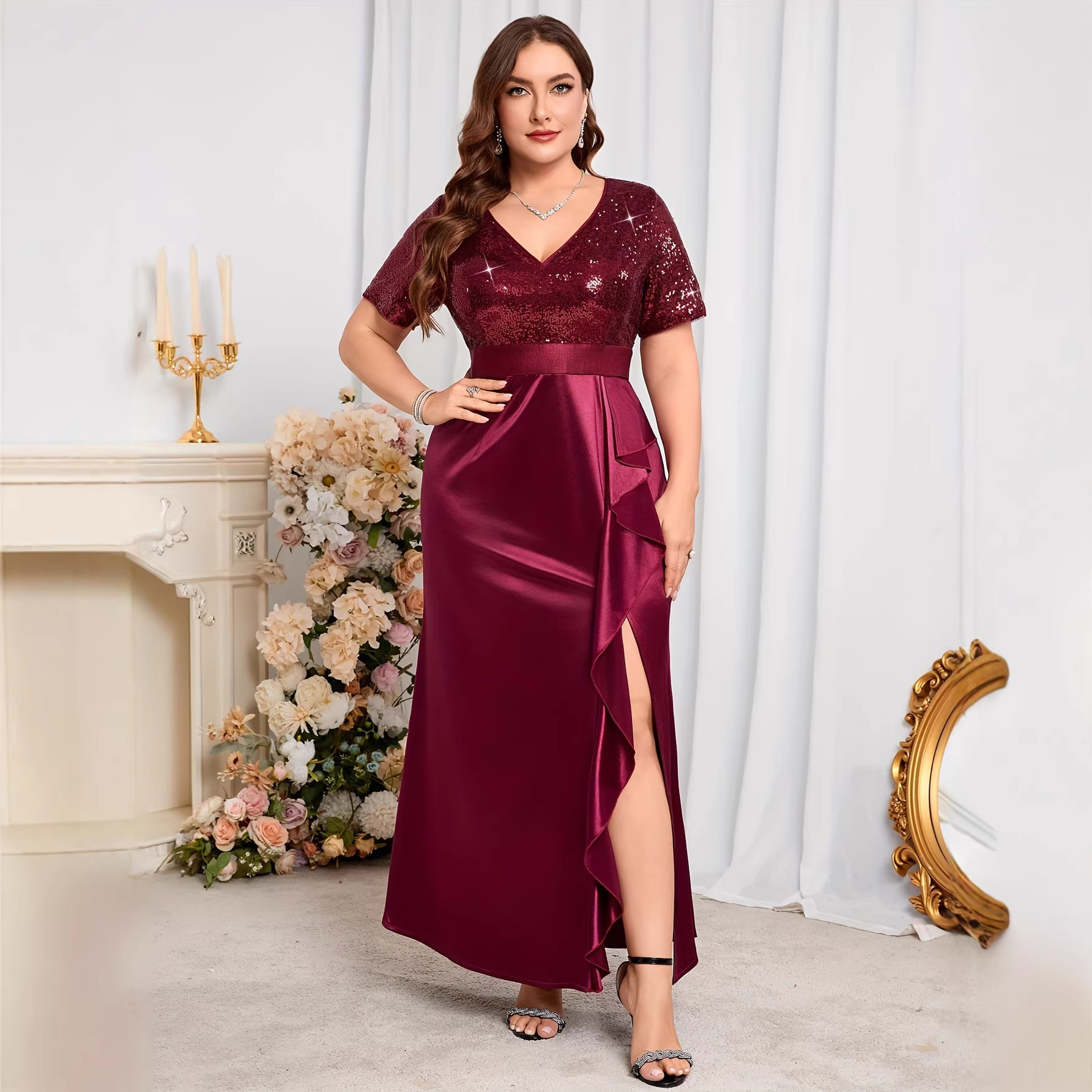 chinese dress ladies Vanessa Plus Size Soft Satin Bridesmaid Dresses with Sleeves