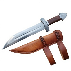 Couteau à lame fixe en acier Damas, pointe tombante, bord droit, manche en bois, style Bowie pour le camping en extérieur, avec étui - Product Image 4