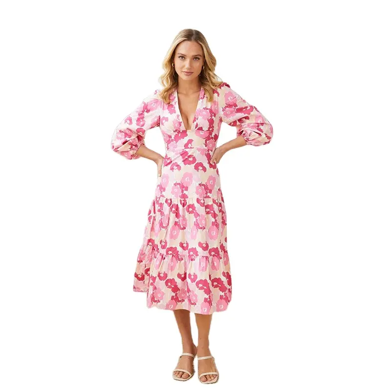 New Arrival Floral Print 3/4 Sleeve Deep V Neck Tiered Knee Length Dress for Women