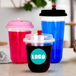 定制印花标志U形塑料杯冰咖啡波霸茶冰沙果汁泡泡茶PP宠物塑料杯带圆顶盖 - Product Image 1