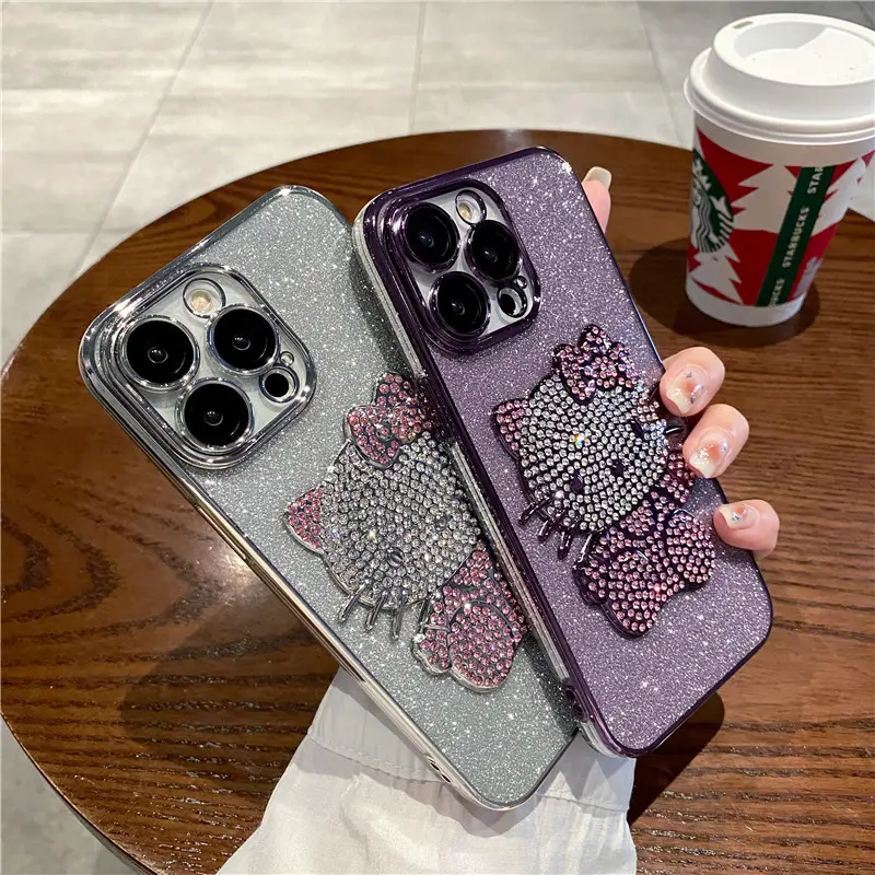 Electroplated rhinestone Hello 3D Kitty Cat Makeup Mirror Mobile TPU soft Phone Case For iPhone 14 13 12 Pro max with Holder