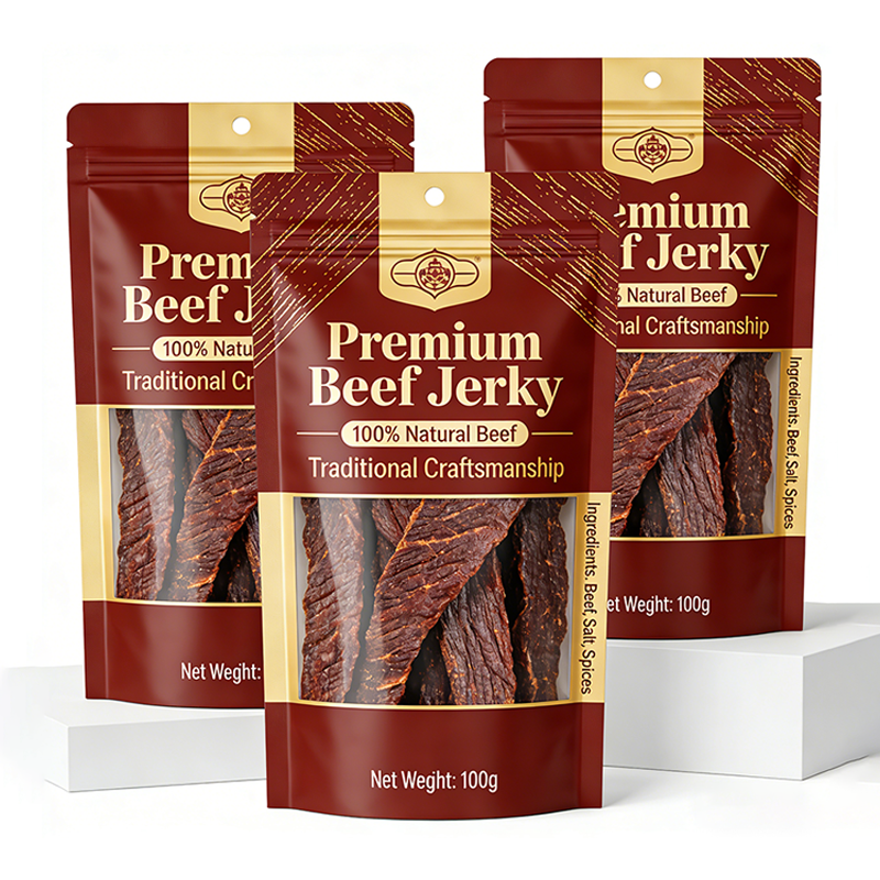 Custom Printed Clear Window PE Ziplock Stand Pouch Laminated 100g Beef Jerky Plastic Packaging Sterilization Food Packaging Bag