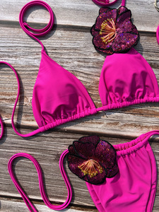 <strong>Bright</strong> PInk 3D Printed Flower Swimsuit Two-piece Sexy Backless Bikini Tie-side Women's Bathingsuit - Product Image 5