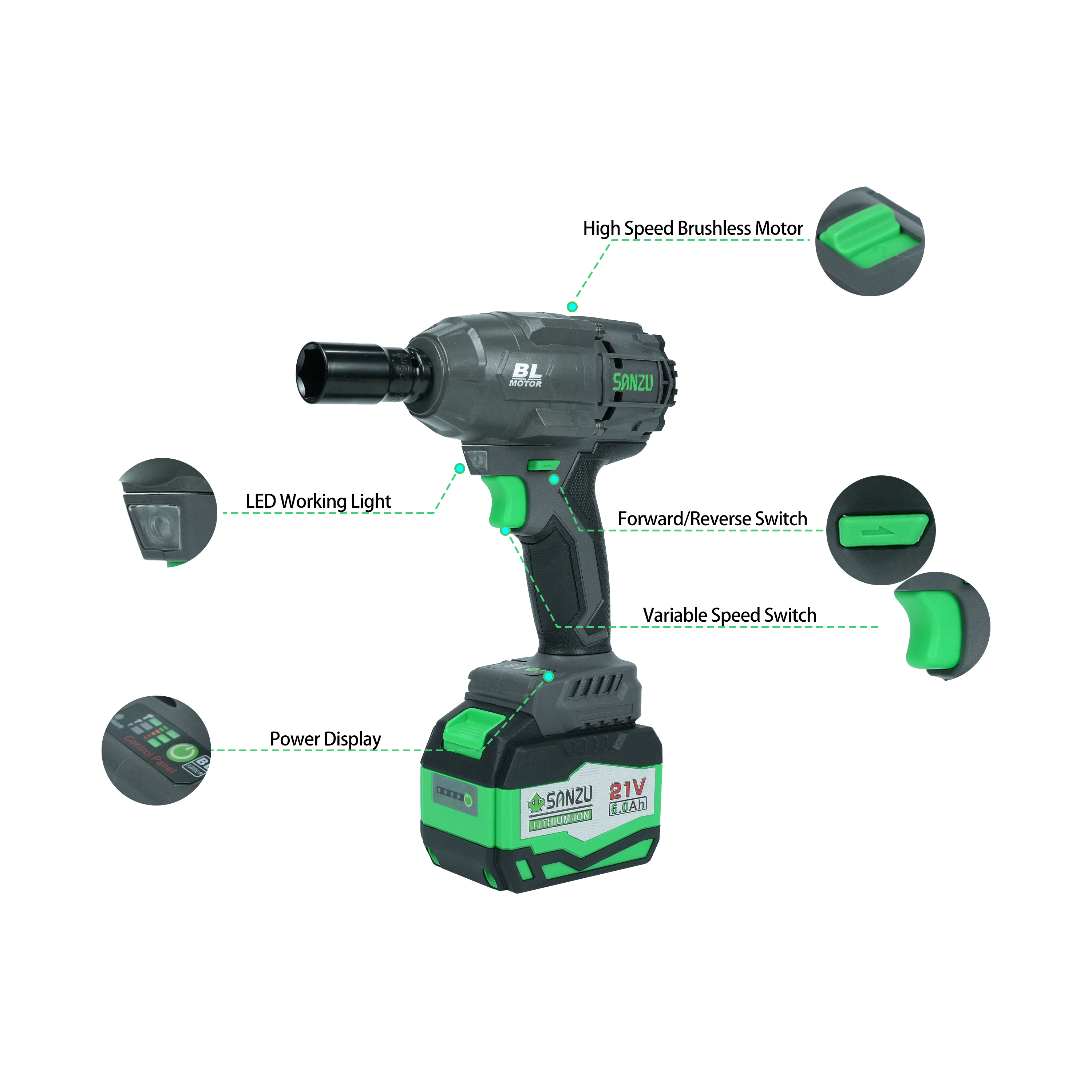 SANZU Handheld Torque Wrench - 20V Battery-Powered Impact Wrench