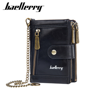 Portefeuille pour homme Baellerry en cuir noir, multi-cartes, avec fermeture éclair, chaîne et fermoir à pression, pour un usage quotidien - Product Image 1
