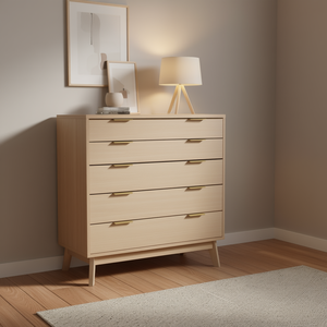 Commode moderne minimaliste à 5 tiroirs en bois clair avec dispositif anti-basculement, meuble de chambre autoportant - Product Image 2