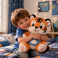 Peluche Tigre Assis Doux et Adorable avec Bavoir Bleu et Patch Nuage pour Enfants, Cadeau Bébé, Décoration de Crèche, Vente en Gros