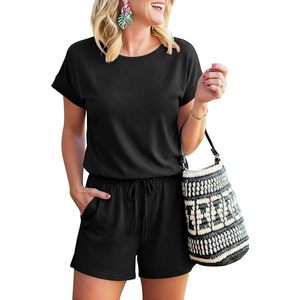 Romper For Women Summer Casual One Piece Short Sleeve Crew Neck Elastic Waist Loose Fit Beach Vacation Outfit 100% Polyester - Product Image 1