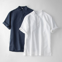T-shirt Homme Perlé en Coton et Lin à Manches Courtes, Léger, Couleur Unie, Style Chinois Rétro Décontracté, Col Montant, Idéal Été