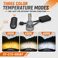 Ampoule de phare LED à télécommande 75W, 3 couleurs 3000K 4300K 6000K, mode flash, phare LED automobile pour voiture