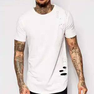 Custom White Ripped T-Shirt with Distressing Detail Men's Clothing Supplier's Blank Tshirts