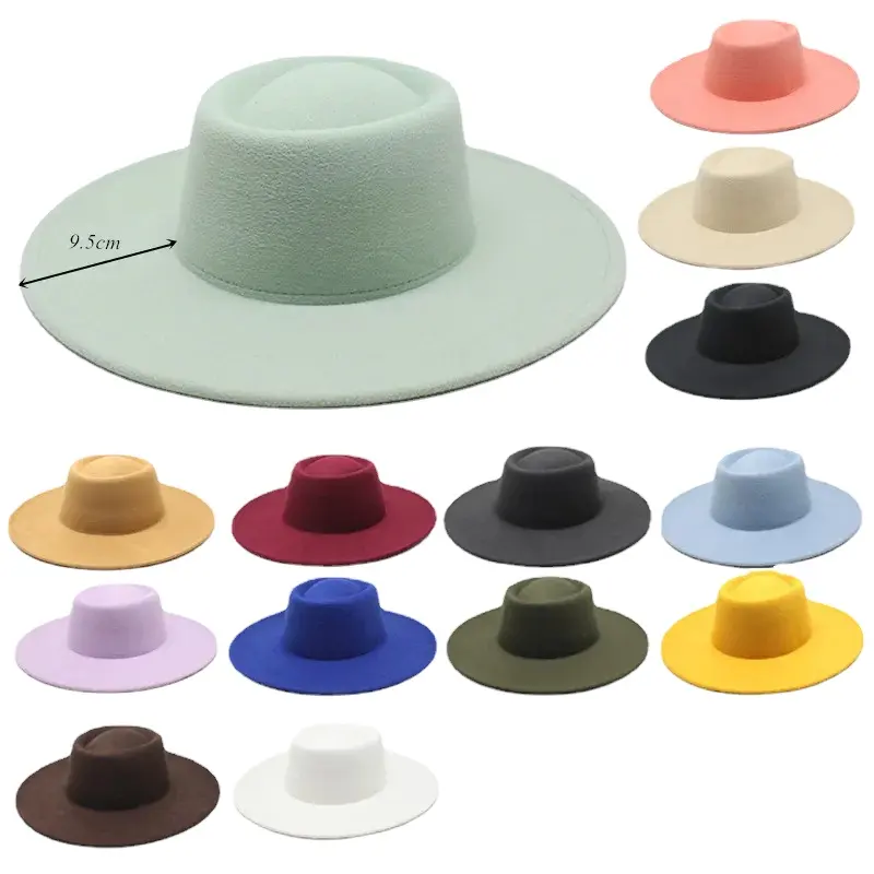 Topi Fedora untuk pria wanita pinggiran lebar besar 9.5CM gaya Inggris klasik topi wol warna polos atasan datar Vintage Panama topi Fedora untuk pria