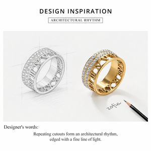 Bague en zircon ajourée style romain en acier inoxydable plaqué or 14K sous vide, bijou à bande architecturale - Product Image 3