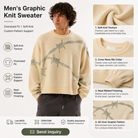 Pull en maille jacquard vintage vieilli pour homme, motif fil barbelé, coupe ample oversize, streetwear, col rond, unisexe