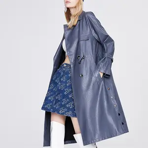 2024 automne nouveau Style genou longueur femmes Long manteau Double boutonnage cordon taille lâche PU Trench Coat