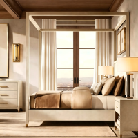 Lit à baldaquin minimaliste et discret avec cadre en bois massif et panneaux en cuir gaufré pour mobilier de chambre Queen et King Size