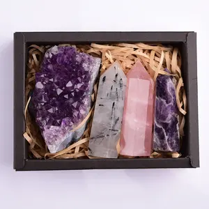 Hoge Kwaliteit Natuurlijke Genezende Kristal Zwart Haar Kwarts Quartz Punt Amethist Crystal Cluster Crystal Gift Box Set