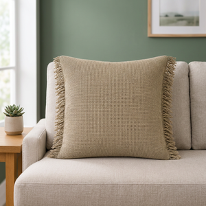 Housse de coussin en lin de qualité supérieure avec bordure à franges |   Coussin carré tissé texturé beige naturel pour canapé et décoration intérieure - Product Image 2