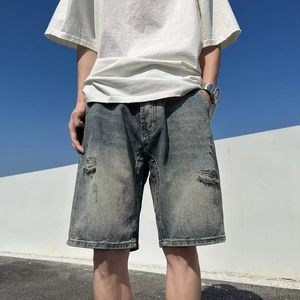 Pantalones cortos de mezclilla cargo para hombre, de corte bootcut, a la moda, de cintura media, holgados, de algodón, rasgados, estilo retro urbano, para verano. - Product Image 4