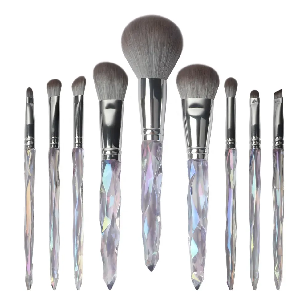 High Quality Soft 9pcs Cosmetic Brush Make Up Crystal Handle Vegan Synthetic Custom Logo Makeup Brush Set
