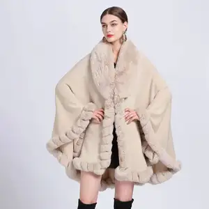 Winter Imitation rex rabbit fur lady collar shawl cape short knitted cardigan loose coat jackets for women 2023
