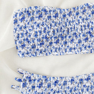 Costume da bagno da donna blu con stampa floreale, sexy, con reggiseno imbottito a fascia e <span class=keywords><strong>perizoma</strong></span> alto, bikini 2 pezzi, costume da bagno estivo senza schienale per la spiaggia - Product Image 4
