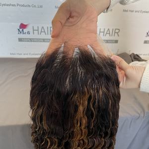 Perruques en gros en cheveux humains, frontales en dentelle 13x4 transparente, pré-épilées, avec mèches marron, ondulations profondes, couleur piano blond miel - Product Image 6