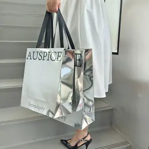 Individuelle Logo-Geschenk papiertüte der Luxusmarke für Kleidung Boutique-Verpackungs taschen mit Band griffen Silver Reflective Shopping-Taschen
