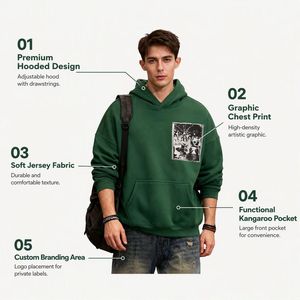 Sudadera con Capucha Verde Oscuro para Hombre con Diseño de Parche Gráfico y Corte Holgado con Hombros Caídos para Colecciones de Moda Urbana - Product Image 6