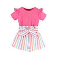 Ensemble de 2 pièces pour bébés filles de 3 à 24 mois, haut à manches volantées rayé arc-en-ciel, t-shirt uni, pantalon court plissé, vêtements pour enfants en bas âge