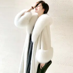 2024 ออกแบบใหม่Faux Furผู้หญิงยาวCoatอินเทรนด์Fox Fur COLLAR XS-6XL PLUSขนาดแจ็คเก็ต
