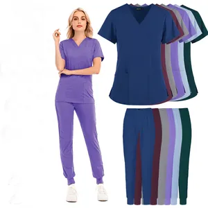 2022 donne su misura ospedale infermieristica scrub Top e pantaloni uniformi di Design donne manica manica medica Joggers scrub set